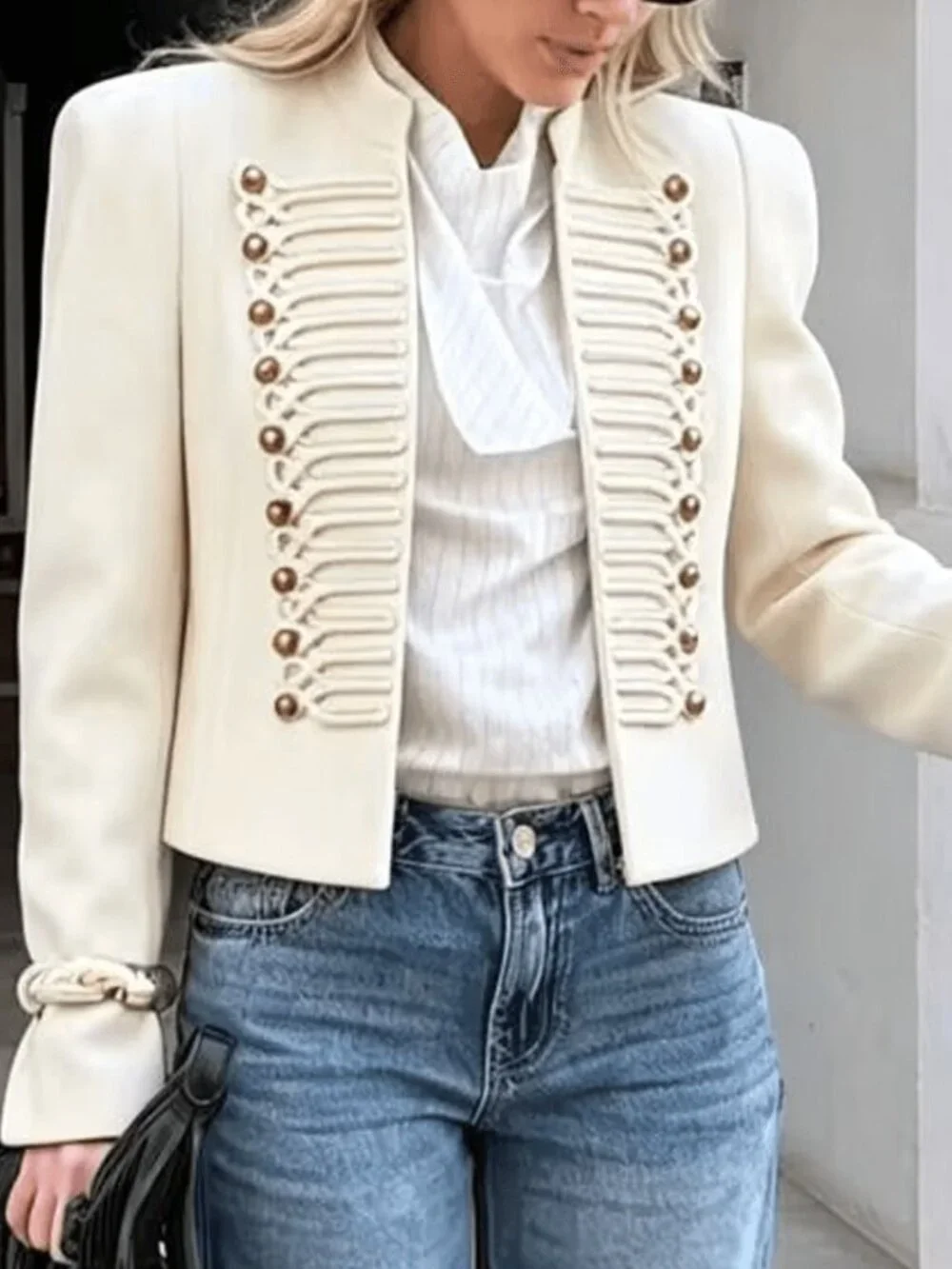 Beige Elegant Women's Exaggerated Shoulder and Faux Buttons Office Jacket